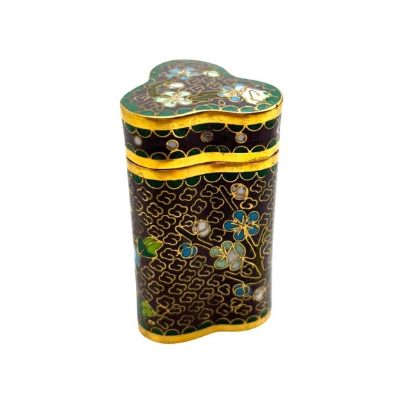 VTG Asian Cloisonné Enamel Trefoil Shape Curiosity Piece with Lid Floral Design - Picture 5 of 10